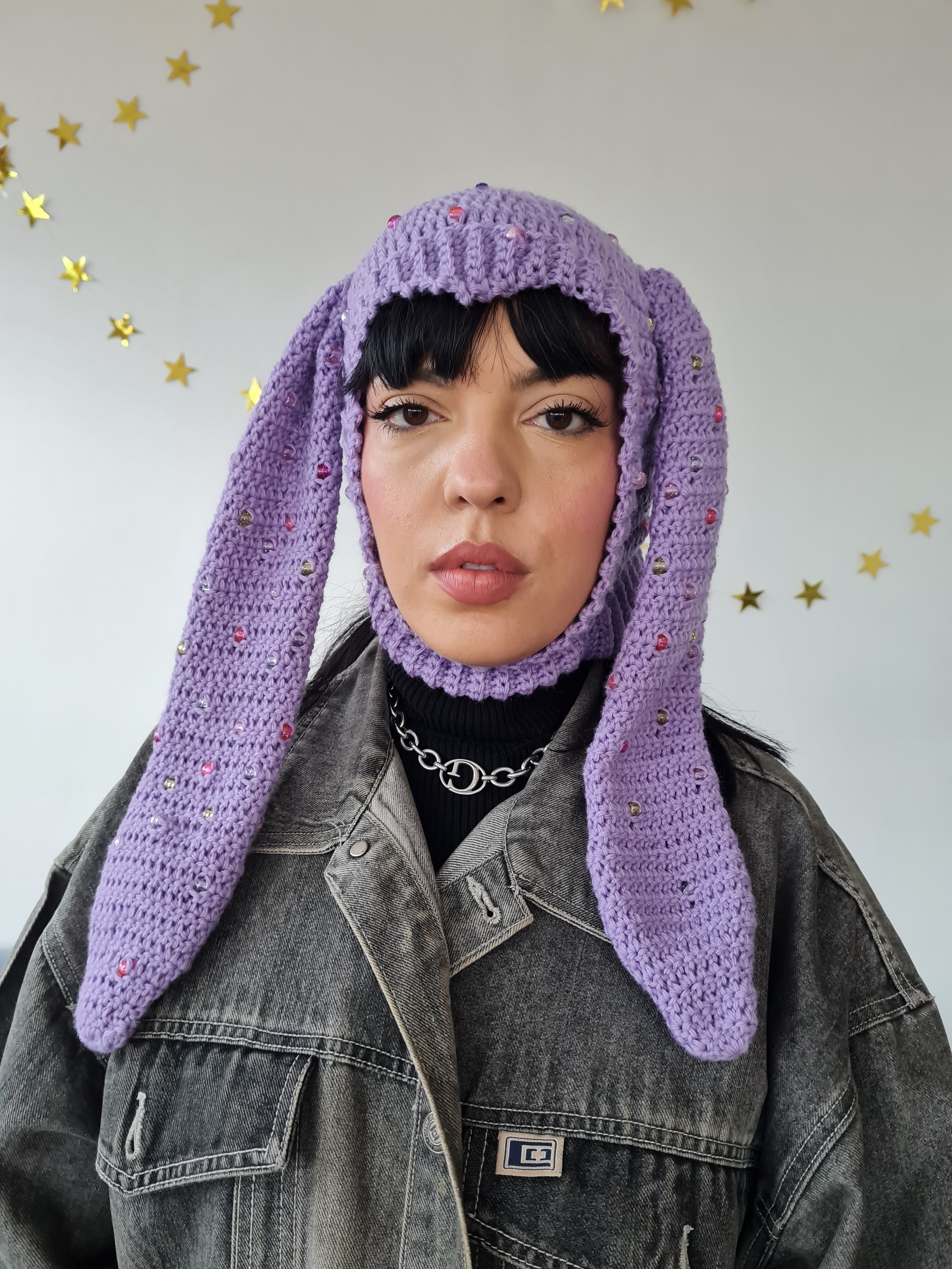 Beaded Balaclava With Bunny Ears - Lavender Purple