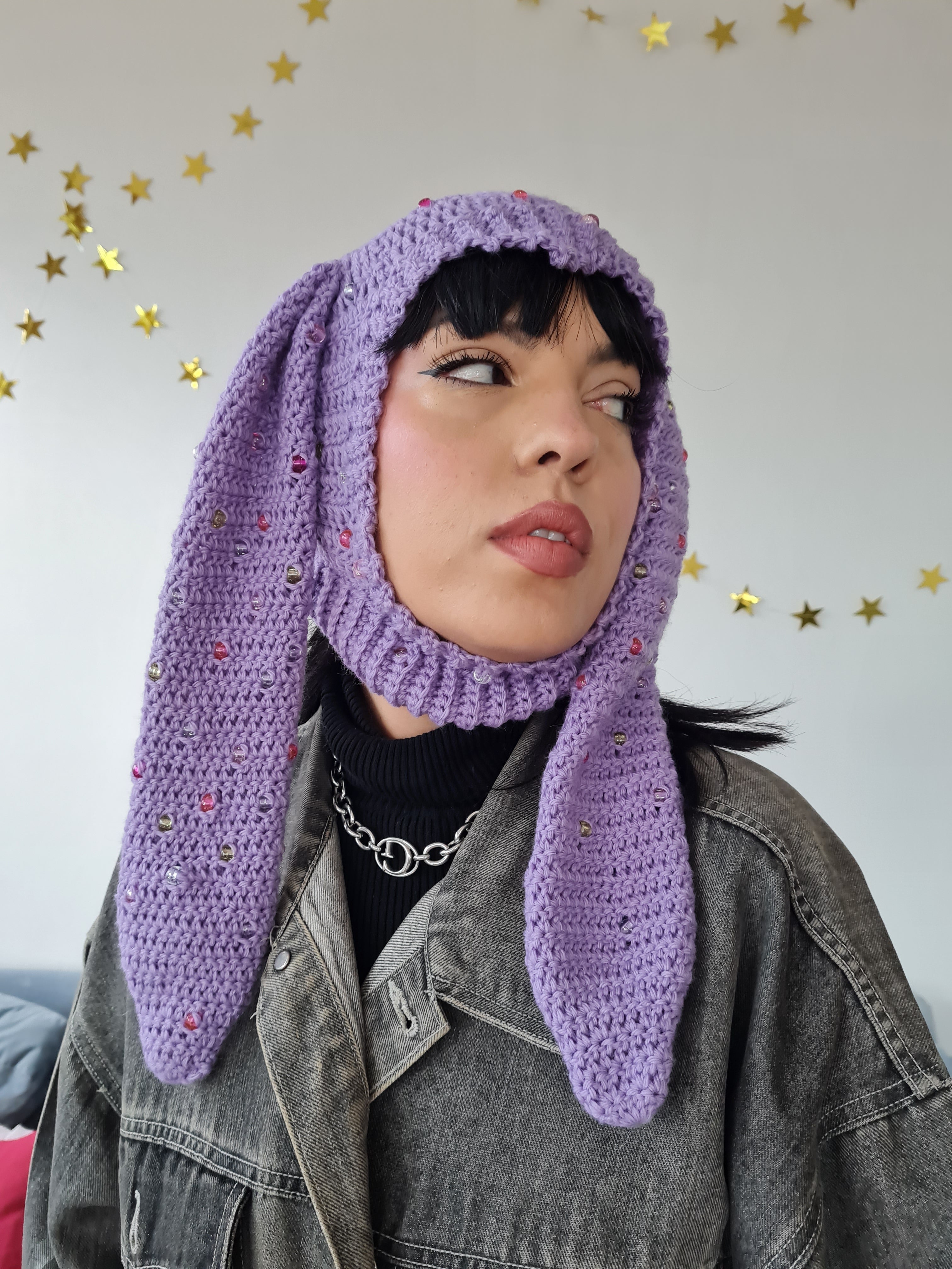 Beaded Balaclava With Bunny Ears - Lavender Purple